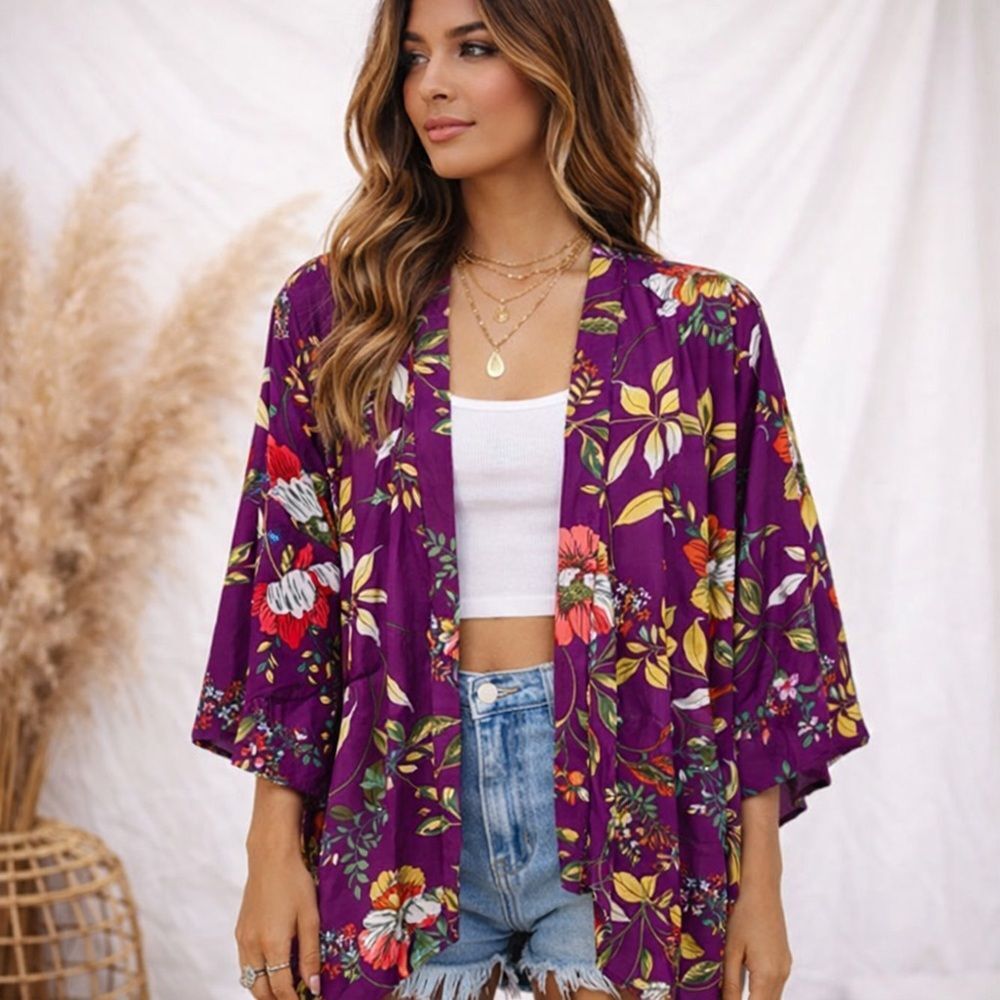 Peach Love California Floral Print Kimono‎ Duster Top Large